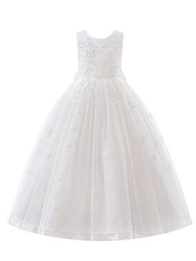 White Floral Embroidered Tulle Flower Girl Dress